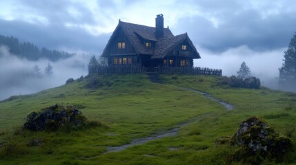 Fototapeta premium Nestled atop a grassy hill, the cabin is illuminated by soft light from its windows, creating a welcoming atmosphere against the evening fog and surrounding forest