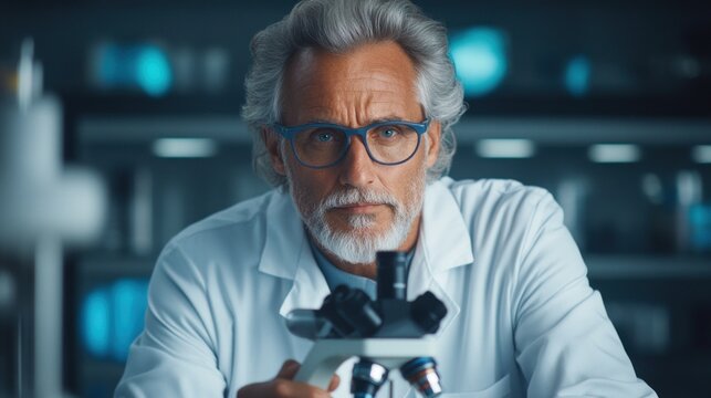 senior scientist in a white lab coat and glasses studies samples under a microscope, focusing intently in a contemporary laboratory filled with scientific equipment and tools