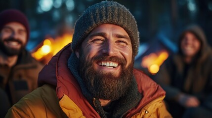 man with a hearty beard and warm hat smiles broadly as he enjoys a delightful evening camping with friends, surrounded by a glowing campfire in the woods