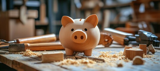 Piggy Bank Amidst Woodworking Tools Symbolizing DIY Crafting Savings