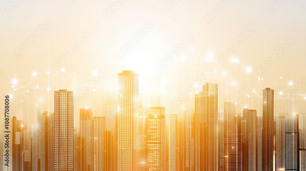 Poster a glowing cityscape with network nodes connecting tall buildings, representing 5g technology and sma
