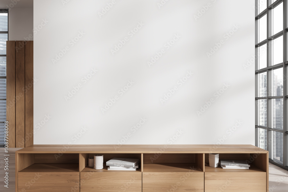 Poster empty white wall and wooden shelf mockup in modern room with large windows and city view. 3d renderi