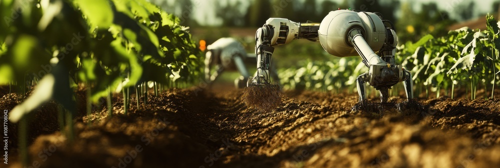 Poster automated machines tend to crops in a farm field, efficiently planting and harvesting under bright s