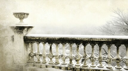 Vintage-style iron railing on a classic balcony, elegant scrollwork, blank background for copy
