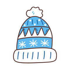 Winter warm blue hat with snowflakes on white background. Colorful vector isolated illustration hand drawn doodle icon with contour. Winter seasonal headdress, soft accessory, clip art or card