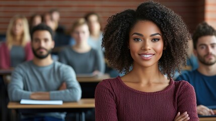 Obraz premium A confident student with curly hair stands in front of a classroom, smiling as her classmates attentively listen. The atmosphere is focused on learning and participation