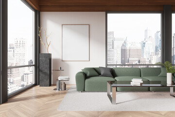 Modern living room with green sofa, glass table, large windows and city view in daylight. 3D Rendering