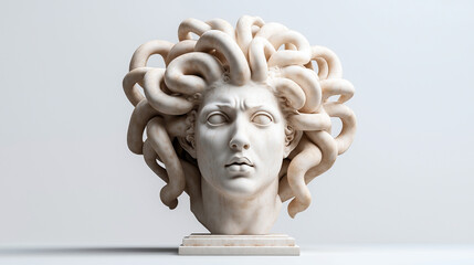 Obraz premium Marble sculpture of Medusa with serpent hair and a marble pedestal, displaying detailed facial features and classical style.