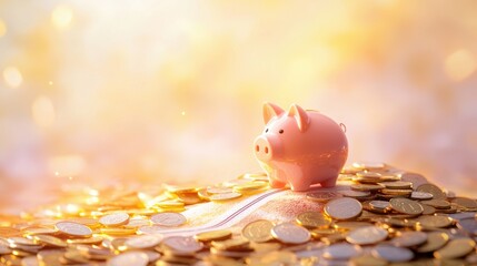 Journey to Financial Success: Piggy Bank with Coins on Sunny Road