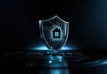 Futuristic glowing house icon inside a circuit-board shield, representing smart home security and protection