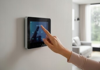 Young caucasian woman managing home security system via wall-mounted digital control panel