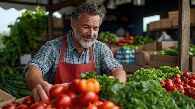 At a bustling market on a sunny afternoon, a cheerful vendor carefully arranges vibrant tomatoes and crisp lettuce in his stall while greeting customers