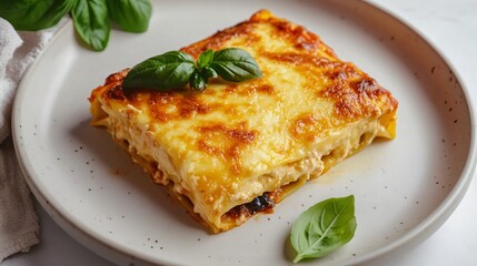 Golden baked cannelloni topped with bubbling cheese and marinara sauce, isolated on a white plate with a sprig of basil