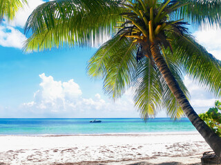 White beach and turquoise waters of Indian Ocean. Summer vacation in tropical paradise.