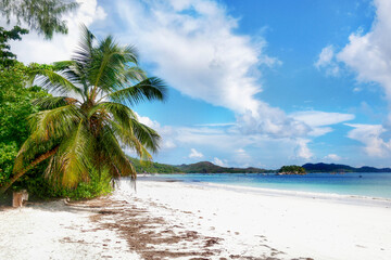 White beach and turquoise waters of Indian Ocean. Summer vacation in tropical paradise.