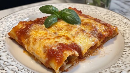 Golden baked cannelloni topped with bubbling cheese and marinara sauce, isolated on a white plate with a sprig of basil