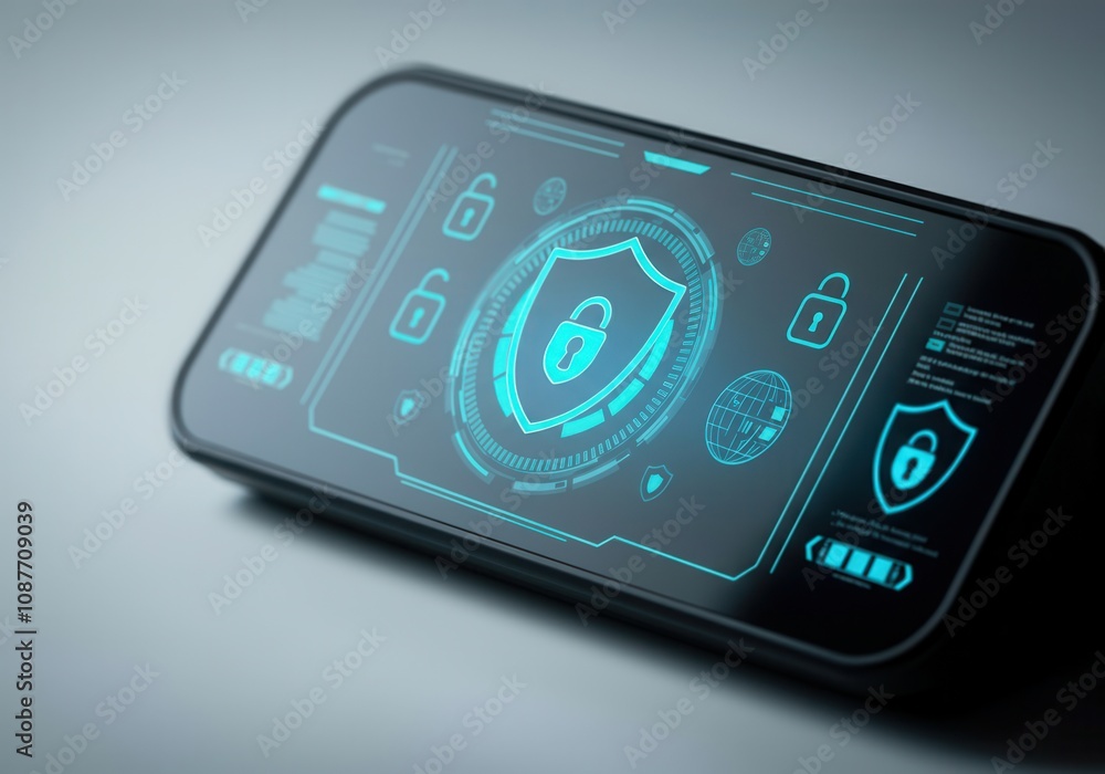 Poster futuristic smartphone displaying security and privacy features with glowing padlock and shield icons