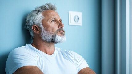 Fototapeta premium man with grey hair and a beard reflects thoughtfully while seated against a blue wall, creating an atmosphere of calm introspection and mindfulness in a contemporary interior