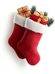 Red Christmas stockings with presents inside isolated on white background
