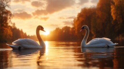 Fototapeta premium As the sun sets behind the trees, two swans elegantly swim across a calm river, their reflections shimmering on the water's surface amidst vibrant autumn colors
