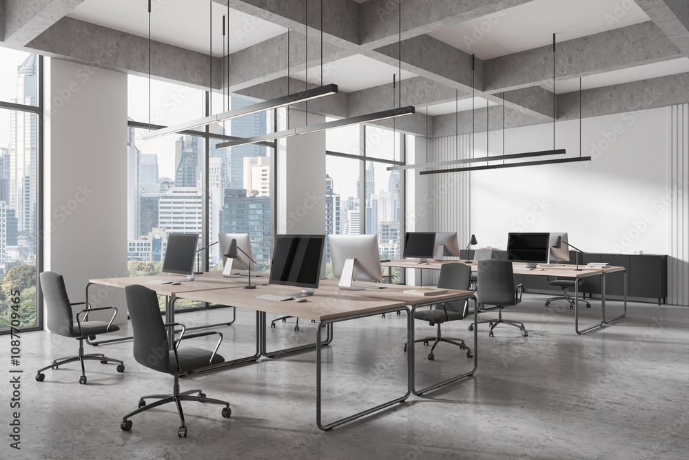 Poster spacious modern office interior with large windows and cityscape view. open space layout with desks 