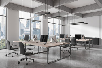 Spacious modern office interior with large windows and cityscape view. Open space layout with desks and chairs. Concept of business. 3D Rendering