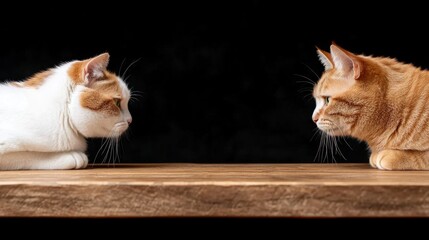 A white and orange cat and a ginger cat are staring intently at each other while lying on a rustic wooden table, highlighting their playful rivalry and curiosity within a dark setting