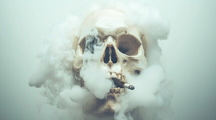A haunting image of a skull with smoke rising from its hollow eyes and a lit cigarette gripped between its jaws.