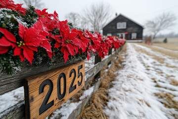 Snowy Winter Decor. Red poinsettia flowers decorating wooden fence with 2025 house number in snowy winter rural landscape, seasonal holiday greeting card, Christmas New Year background, cozy countrys