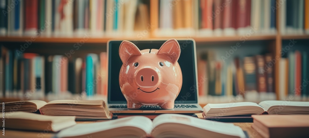 Poster saving for education: piggy bank with books and laptop in a library setting for knowledge and learni