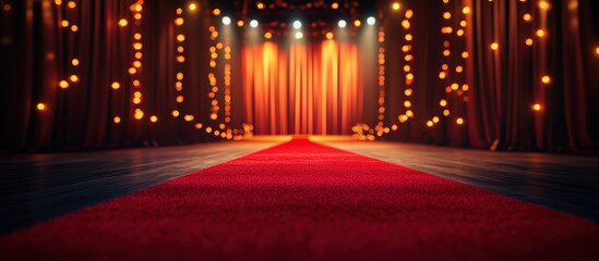 Blurred image of Red carpet walkway leading to the movie theater. Bokeh interior background cabaret, burlesque, theater, nightclub or casino.