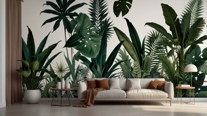 Fototapeta premium Here's a description and keywords for your stock photo.. Lush tropical foliage wall mural in modern living room. (1)