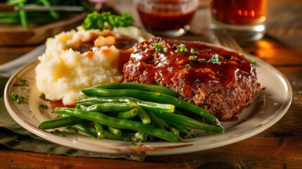 A hearty plate of meatloaf with a savory glaze, served with mashed potatoes and steamed green beans