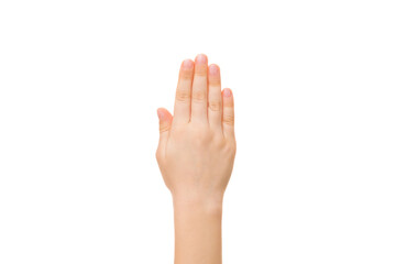 Obraz premium Little child hand raising up isolated on white background. Front view. Closeup.