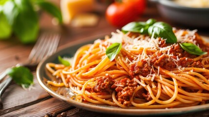 A hearty plate of spaghetti bolognese with rich meat sauce and freshly grated parmesan cheese, Pasta plate centered