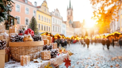 A festive marketplace scene at sunset, adorned with holiday decorations, Christmas trees, and gift packages, creating a warm, inviting atmosphere.