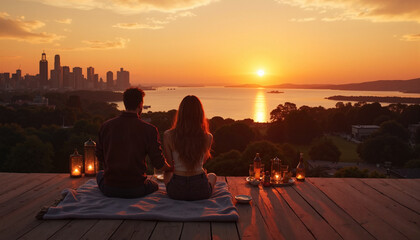 Couple enjoying a romantic sunset date on a rooftop with city skyline views