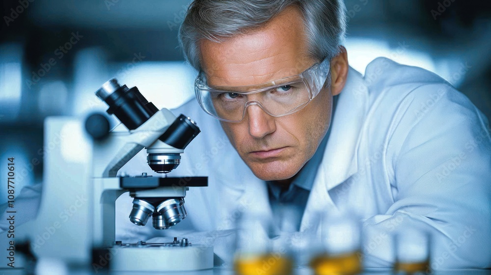 Poster Senior Scientist Uses Microscope In Laboratory Setting