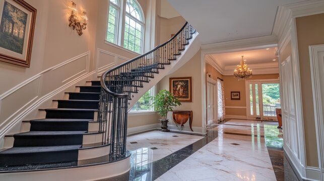 Elegant Grand Staircase In Luxurious Home Interior - Powered by Adobe