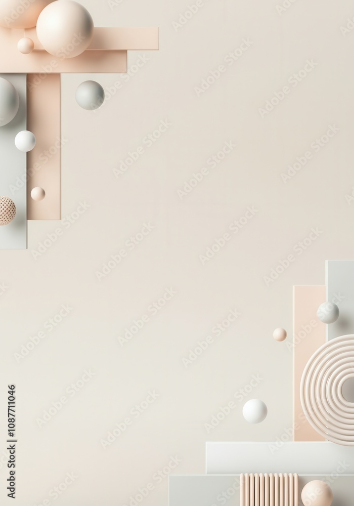 Poster 3d render of an abstract minimalist background with floating spheres and geometric shapes in pastel 