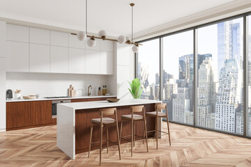 Modern kitchen interior with island counter and city view through large windows in bright setting. 3D Rendering