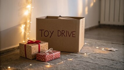 Toy drive donation box with wrapped gifts under warm, festive lighting