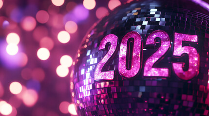 Animated "2025" with a sparkling, rotating disco ball in the background.