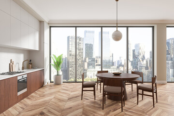 Modern kitchen interior with dining area and large windows overlooking cityscape. 3D Rendering