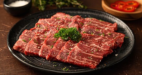Premium marbled beef on a sumptuous, dark platter, Generative Ai.