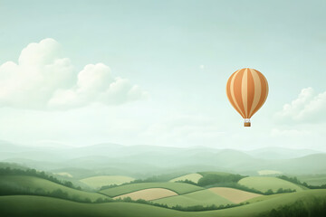Obraz premium A colorful hot air balloon floats gracefully over rolling green hills on a calm sunny day