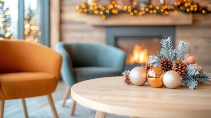 A cozy living room decorated for Christmas, featuring a warm fireplace, festive ornaments on a table, and a beautiful holiday ambiance.