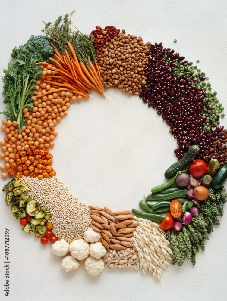 Aufkleber colorful array of fresh vegetables, grains, and legumes displayed in a circular pattern, perfect for