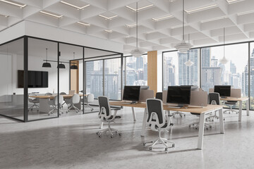 Modern open office space with city view, featuring empty desks and glass-walled meeting room. 3D Rendering