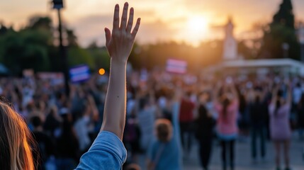 woman raise her hand over head at outdoor town square with other people gathering protesting at street